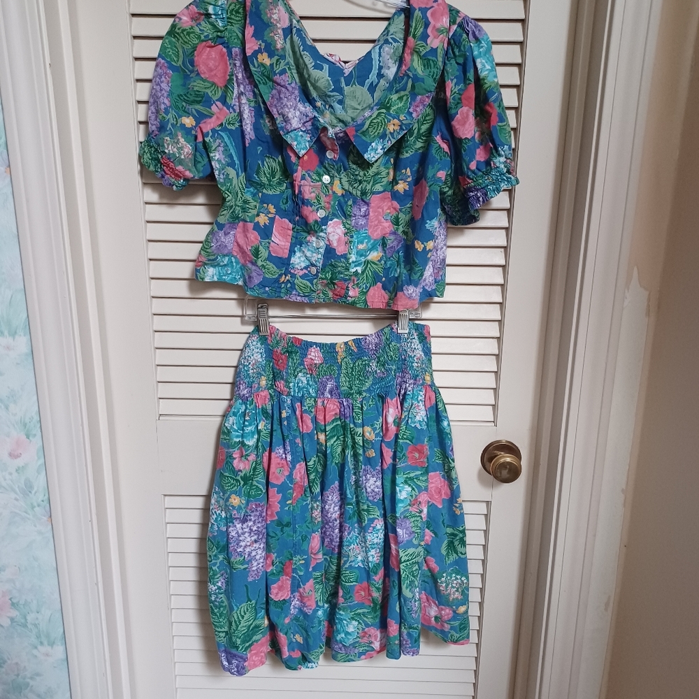 Rene Derhy Vintage Floral Crop top Skirt Dress 70's cottagecore boho set M